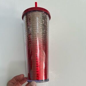 Starbucks 2018 Red-Silver Ombre Sequined 24 Oz Cold Cup with Straw
